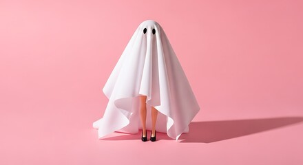 Photo of a person dressed as a ghost with visible legs and high heels, standing against a vibrant pink background, creating a playful and whimsical halloween costume concept