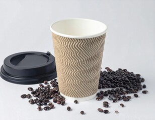 Ripple paper coffee cup with black lid and coffee beans.