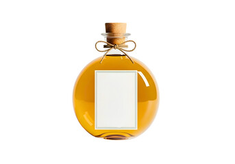 Glass bottle with golden liquid isolated on transparent background
