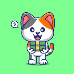 Cute Cat Holding Money Dollar Cartoon