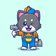 Cute Cat Handyman Holding Hammer Cartoon