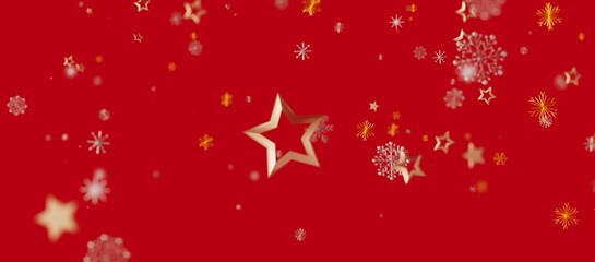 Christmas background with golden stars and snowflakes on a bright red background. Perfect for holiday greetings and festive designs. © vegefox.com