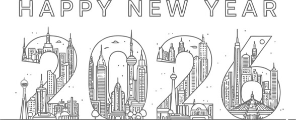 Happy new year 2026 greeting card with a cityscape design, a festive and modern way to celebrate upcoming year with urban flair and anticipation