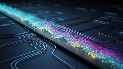 Abstract digital data stream flowing through glowing fiber optic cable on a dark circuit board background