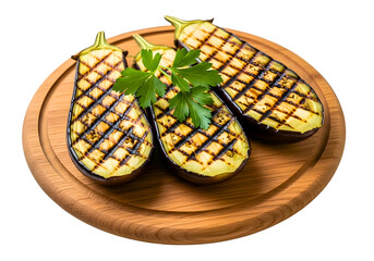 Grilled eggplant halves with parsley isolated on transparent background