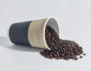 Roasted coffee beans spilling from a fallen ripple paper cup on a white surface.