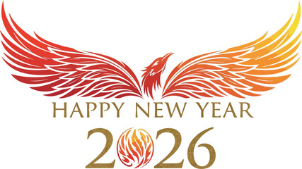 Obraz premium Happy new year 2026 greeting card featuring a phoenix with wings spread wide, symbolizing rebirth and new beginnings, design incorporates vibrant colors