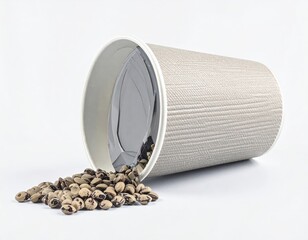 Roasted coffee beans spilling from a tipped over paper cup on a white surface.