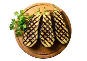 Grilled eggplant halves with parsley isolated on transparent background