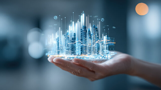 A hand supports a digital representation of a city skyline, showcasing financial data and futuristic elements, symbolizing innovation and growth