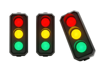 Three traffic lights showing red yellow and green signals isolated on transparent background