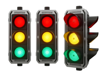 Three traffic lights showing red yellow and green signals isolated on transparent background