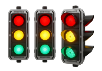 Three traffic lights showing red yellow and green signals isolated on transparent background