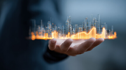 Businessman displays a digital financial graph in hand, showcasing glowing elements that represent market trends and data visualization