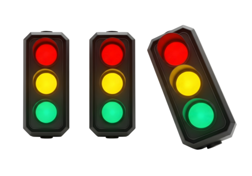 Three traffic lights showing red yellow and green signals isolated on transparent background