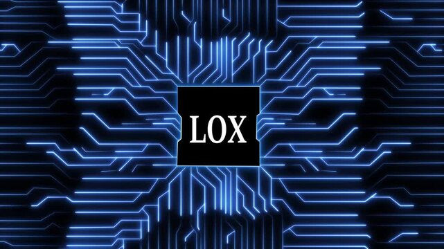 Futuristic technology background with glowing blue circuit board pattern and the word lox in the center, symbolizing a modern, hightech, and interconnected digital world