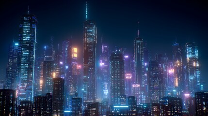 Cyberpunk city skyline with vibrant neon lights and tall skyscrapers at night image photo