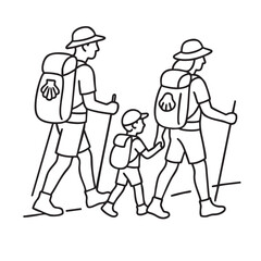 Pilgrim family walking way of saint james with scallop shells