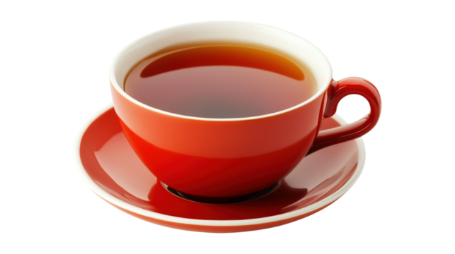 Red cup of hot tea on saucer isolated on a transparent background