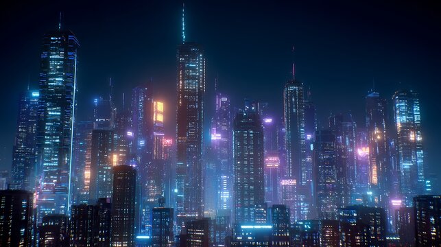 Cyberpunk city skyline with vibrant neon lights and tall skyscrapers at night image photo