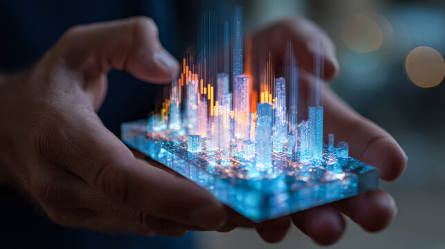 A person is holding a holographic cityscape displaying vibrant financial data, showcasing innovation and technology in finance