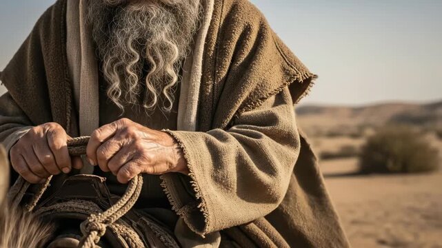 Elderly prophet man with long beard riding an animal in a desert landscape with barren hills, hands holding rope, ancient journey.