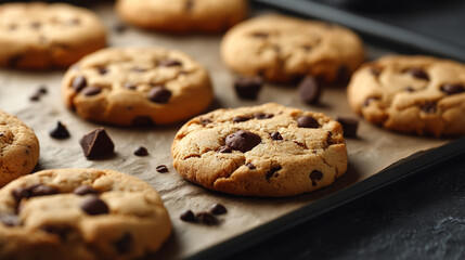 Close up of chocolate chip cookies on a baking sheet with parchment paper and dark chocolate chunks