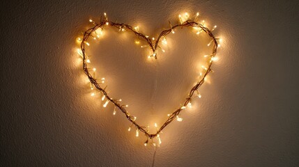 Warm glowing heart made of golden fairy lights on wall creating romantic soft light and cozy atmosphere