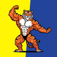 Dynamic tiger mascot flexing powerful muscles on vibrant backdrop, a strong symbol for sports, fitness, and competitive branding in energetic marketing campaigns