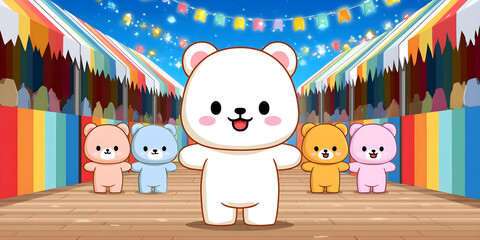 Cute cartoon bears gather in a colorful festival setting at night with bright lights and decorations