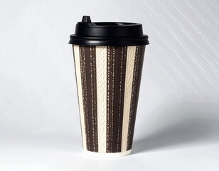 Striped paper coffee to go cup with a black lid isolated on a white background.