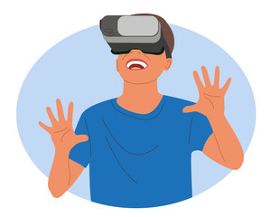 Child is  Wearing Modern VR Glasses. Virtual reality glasses gaming, education. Virtual Reality Headset Concept. Vector illustration