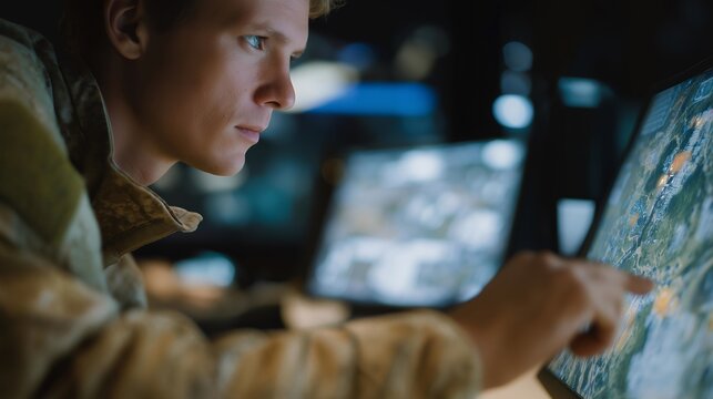 Close-up of trainee interacting with virtual environment showing building layouts and threat markers, highlighting futuristic military exercises, digital strategy development, and high-tech combat