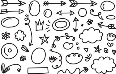 Hand Drawn Doodle Arrows Clouds Crowns Stars and Fun Sketch Elements Vector Illustration