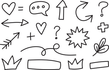Hand Drawn Doodle Arrows Hearts Crowns Speech Bubbles and Sketch Symbols Vector Illustration
