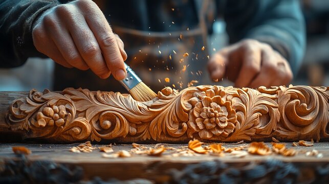Person hand carving intricate designs into a wooden block fine shavings falling to the table with chisels and brushes neatly arranged around the work area