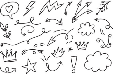 Whimsical Hand Drawn Doodle Arrows Crowns Clouds Stars and Swirl Sketch Vector Design
