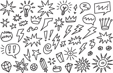 Energetic Hand Drawn Comic Doodle Elements and Lightning Sketch Icons Collection