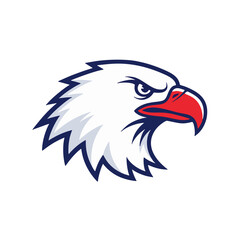 Obraz premium Stylized head of an eagle mascot with white feathers and a red beak, outlined in blue, looking fierce and determined.