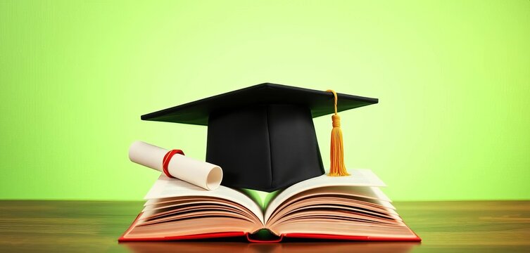 Graduation cap, diploma, and open book signify academic achievement and knowledge acquisition,  graduation day,  knowledge