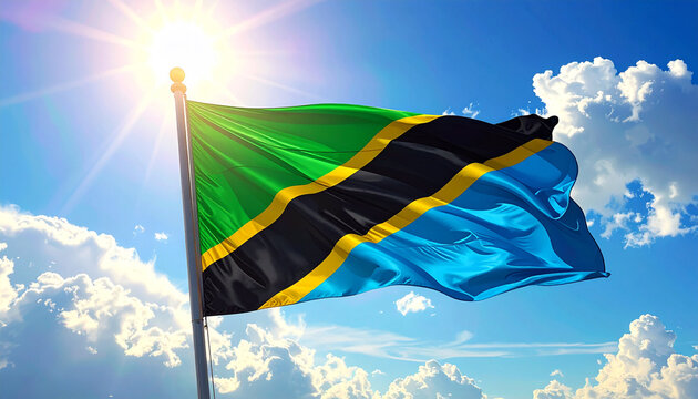 Tanzanian flag waving proudly in the bright sunshine against a vibrant blue sky, a symbol of national pride, unity, and hope for a bright future