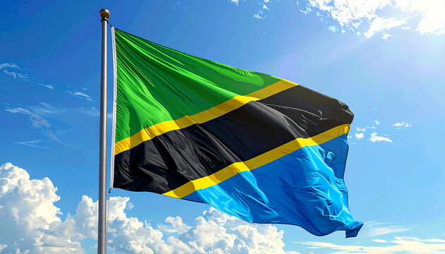 Vibrant Tanzania flag waving proudly against bright blue sky, a symbol of national pride and identity, perfect for travel and cultural themes - Powered by Adobe