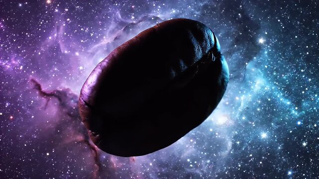 Roasted coffee bean floating in outer space animate