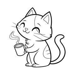 Cozy Cute Cat Holding Steaming Coffee Cup Smiley Cartoon Illustration