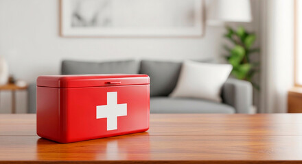 Home safety illustration: red first aid kit, white cross, wooden table, emergency preparedness with copy space
