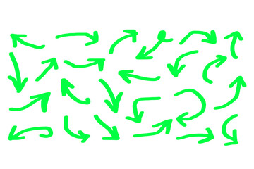 Collection of hand drawn bright green neon arrows pointing in various directions isolated on transparent background