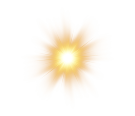 Yellow star flashed with sparkles sun isolated on white background. Soft glow without departing rays, sunlight with lens flare effect. PNG vector light effect.