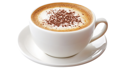 White cup of cappuccino with cocoa powder isolated on a transparent background