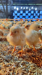 Adorable fluffy chicks standing on rice husk in a warm poultry farm. Bright close-up symbolizing growth, innocence, and sustainable farming. Ideal for agricultural and food concepts.