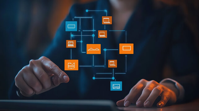 Workflow automation and business process mapping concept. Businessman touching flowchart interface, representing workflow automated, process planning, business flow, system optimization,